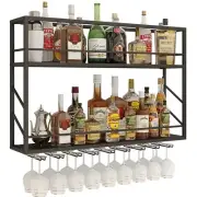 Wall Mounted Wine Rack 2 Tier, Metal Bar Liquor Shelves and Glass Holder,Wall...