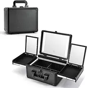 Travel Makeup Case with Led Mirror Vanity Case with Mirror Makeup Case Makeup Box Adjustable Dividers Fold-Out Trays for Jewelry Storage,Black, Black, Beauty Case