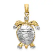 14k Yellow & Rhodium Gold with White Rhodium Polished 3-D Moveable Sea Turtle Charm