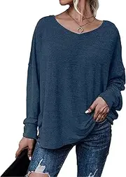 [Zylphorix] Women Solid Color Back Drop Shoulder T-Shirt Loose Long Sleeved Crewneck Blouse Casual Frenulum Back Leakage Tee Tops