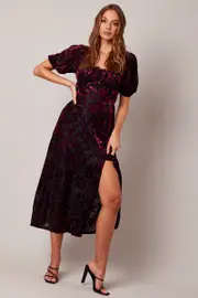 Red Midi Dress Short Sleeve Side Split - Size 8, Women's Midi Dress