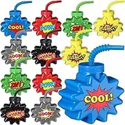 Maxcheck 12 Sets Hero Cups with Straws and Lids, 10 oz Plastic Cup for Kids Pow Zap Bang Wham Boom Hero Party Cups Bulk for Hero Comic Themed Party Baby Shower Boys Birthday Party Favor Supplies