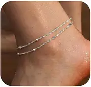 [HARJJME] Anklet for Women Silver 925 Gold Anklet for Women Double Heart Beads Plate Twist Infinity Anklet Waterproof Adjustable Anklet Layered Summer Beach Foot Jewellery Gift