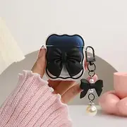 Compatible with Apple AirPods 2nd 1st Generation Case Cover, Cute 3D Bow Tie Design Shockproof Soft Clear TPU Kawaii Airpods 1/2 Protector with Keychain for Women Girls, Bow Black