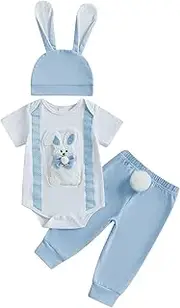 [Kuriozud] Newborn Baby Boy Easter Outfit Bunny Romper Top and Pants Set with Bunny Ear Hat Infant 3 Piece Spring Clothes