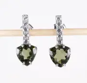 Faceted Moldavite 8 mm Trillion Cut with Cubic Zirconia 925 Silver Stud Earrings