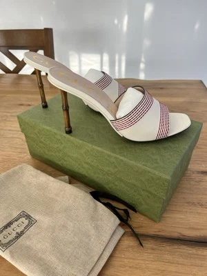 Gucci Bamboo Malaga Leather Open Toe Mules Heel Sandals Size 40/10