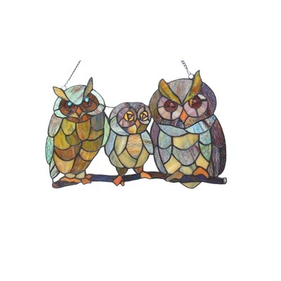 CHLOE Lighting OLLIE Tiffany glass Owls Family Window Panel 11x17