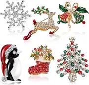 [Boao] 6 Pieces Multi-color Rhinestone Crystal Christmas Brooch Pins, Festive Elegant Brooch Set with Penguin, Snowflake, Bell Bow Knot, Reindeer, Boots and Christmas Tree, Alloy, Clear Stones