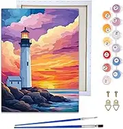 Reofrey Framed Paint by Numbers Kit for Adults & Beginner - 8x12 Inch Canvas Lighthouse Landscape Paint by Numbers - Educational & Creative Art Set for Beginners - Perfect for Home & Wall Decoration
