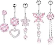 [Akmcw] Belly Button Ring Dangle Belly Piercing Jewelry 14G Stainless Steel Pink Cute Bow Butterfly Heart Flower Dangling Belly Button Jewelry For Women, 14G, Stainless Steel, cubic zirconia