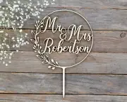 Personalized Wedding Cake Topper Mr and Mrs Boho Wooden Floral Wreath
