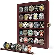 Military Challenge Coin Display Case Wood Cabinet Rack Holder Mahogany Shadow Box Holds 45 Coins Removable Twin Slot Shelf Shatter Proof Anti Fade Acrylic Door for Casino Poker Chips Collectibles