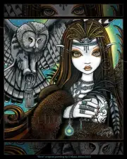 Tribal Owl Priestess Celestial Tattoo Sirin Faerie Signed Myka Jelina Art Print