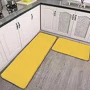 2 Pcs Kitchen Rugs and Mats Set Solid Yellow Mustard Soft Flanne Non Slip Kitchen Mats and Rugs for Kitchen, Floor Home, Office, Sink, Laundry