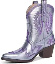 [HOCHFART] Western Boots for Women Metallic Embroidered Pointed Toe Cowgirl Boots Chunky Heel Pull-On Short Cowboy Boots Wide Calf Country Ankle Boots