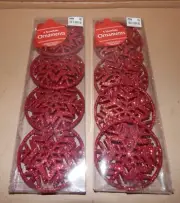 Christmas Ornaments 4pc 2pks Red Glitter Snowflakes 4" Circles With Strings 143A