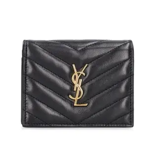 【YSL】Cassandre 小羊皮 翻蓋 短夾 卡夾 零錢包 皮夾 短夾 黑色 金色