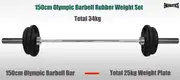 Total 34kg - 150cm Olympic Barbell Bar Weight Set - Rubber Coated Weight Plate