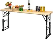 Costway Patio Adjustable Height Folding Picnic Table, Outdoor Large Beer Table with Wood Top & Umbrella Hole, Portable Dining Table for Camping, Party, Backyard