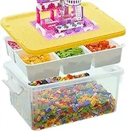 Citylife 17QT Plastic Storage Bin with Yellow Building Baseplate Lid Removable Tray with 5 Compartments Clear Plastic Storage Bin with Latches for Organize Brick, Bead, Crayon, Small Accessory
