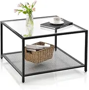 Giantex Glass Coffee Table with Storage, 70cm Modern 2-Tier Square Coffee Table with Mesh Shelf, Minimalist Center Table Cocktail Table Living Room, Home, Office (With Mesh Shelf, Transparent & Black)