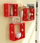 Decorative Wooden Wall Mounted Cube Shelves Rack Lacquer Finish Set Of 3 Red