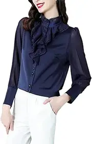[Generic] Fashion Stand Collar Ruffles Long Sleeve Chiffon Shirt for Women Spring Summer Loose Blouse