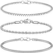 [XSDSLS] Pack of 3 Silver Bracelets for Men Stainless Steel Chain Bracelet Stackable Curb Chain Snake Chains Twisted Chain Bracelet Gifts for Men