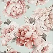 HaokHome 93130 Vintage Peel and Stick Peony Floral Wallpaper for Bedroom Azure/Mistyrose Removable Home Wall Decorations 0.45m X 3m