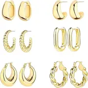 [ALLHOLA] 6 Pairs 14K Gold Hoop Earrings for Women Lightweight Chunky Hoop Earrings Multipack Hypoallergenic, Thick Open Twisted Huggie Hoops Earring Set Jewelry for Gifts.