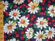 1 3/4 Yards White Daisy & Red Cherries on Black Cotton Fabric