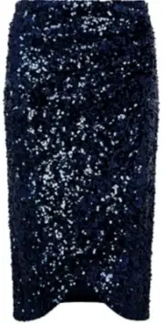 Monsoon Navy Selah Sequin Knee Length Skirt Uk 22 Bnwt Blue Lined Split Front