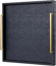 20“x20 Black Shagreen Extra Large Ottoman Tray with Handles for Coffee Table Living Room Home Decor, Large Square Decorative Serving Tray for Party Bar (Black -Gold Handle, 20")