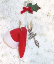 Fishing theme MERRY CHRISTMAS Ornament double Fish Hook, Santa hat & JESUS charm