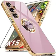 [Aitipy] for Samsung Galaxy A15 5G Case with 360° Rotation Ring Holder Magnetic Stand, Luxury Shiny Plating Edge Shockproof Electroplated Protective Cases (Purple/Golden)
