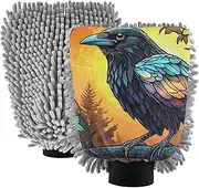 XYMZR Crow Stain Glass Absorbent Microfiber Car Wash Mitt, Funny Cute Anime Scratch Free for Cars Cleaning, Home Cleaning Mitts, 2 Pack, 10.24” L x 7.09” W