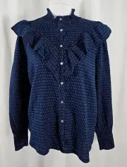 New Ann Taylor Loft Womens Blouse Navy Blue White Ruffles Cotton Medium