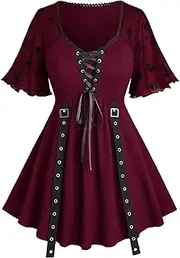 [ROSE GAL] Rosegal Women Plus Size Gothic Blouse Skulls Mesh Flocking Flutter Sleeves Lace Up Crinkle Textured Goth Flowy Top