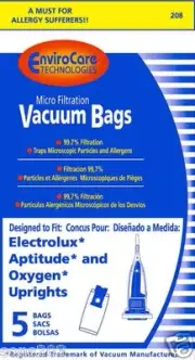 5 Vacuum Bags, ELECTROLUX, APTITUDE, OXYGEN Upright. Part 208
