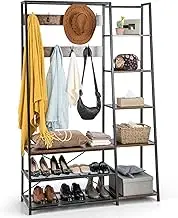 Costway 5-in-1 Entryway Coat Rack Shoe Bench, Freestanding Wooden Hall Tree Storage Bench w/ 9 Hooks, 5 Side Shelves & 2 Mesh Shelves, Industrial Coat and Shoe Rack Organizer for Entryway, Hallway