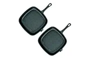 SOGA 2X 23.5cm Square Ribbed Cast Iron Frying Pan Skillet Steak Sizzle Platter with Handle