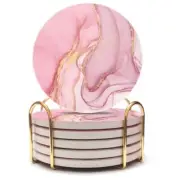 Pink Coasters Set of 6, Absorbent Coasters with Gold Holder, Ceramic Coasters