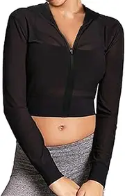 [Avanova] Women Mesh Sheer See Through Hoodie Long Sleeve Workout Hooded Crop Top