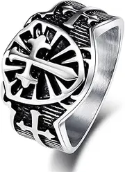 RIUKIU Vintage Crusader Shield Seal Ring, Stylish Stainless Steel Men's and Women's Rings,Silver,10
