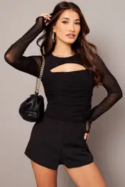 Black Mesh Top Cut Out Front - Size XXS, Women's Top