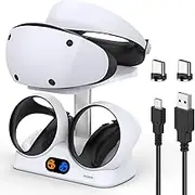 Fast Charging Stand for PS VR2 Sense Controller, Dual Charger Dock Station for Playstation VR2 with Headset Display Mount&LED Light&2 USB-C Magnetic Connector/Cable,Controller Accessories for PS VR2