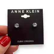 NEW Macy's ANNE KLEIN Stud Earrings Silver Cubic Zirconia Crystal Classic Simple