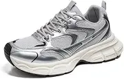 [Floette] Men's Silver Fashion Sneakers Dad Shoes Walking Casual Athletic Chunky Platform Sneakers