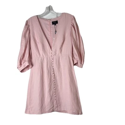 Bardot Women’s Size 8 Mini Dress Pink Puff Sleeve Linen Blend Lined V Neck NWT